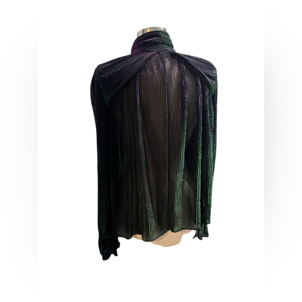 Marco De Vincenzo Metallic Tie-Neck Blouse 42 Button Up Ribbed Flowy Sheer Bow - Picture 3 of 7